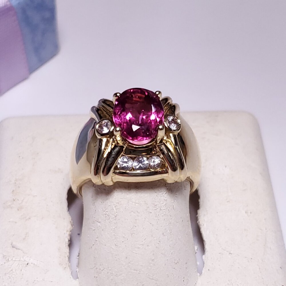Estate 1.8ctw Natural AA Pink Tourmaline/ White Topaz 14Kt Y/Gold 9.3g Ring22414
